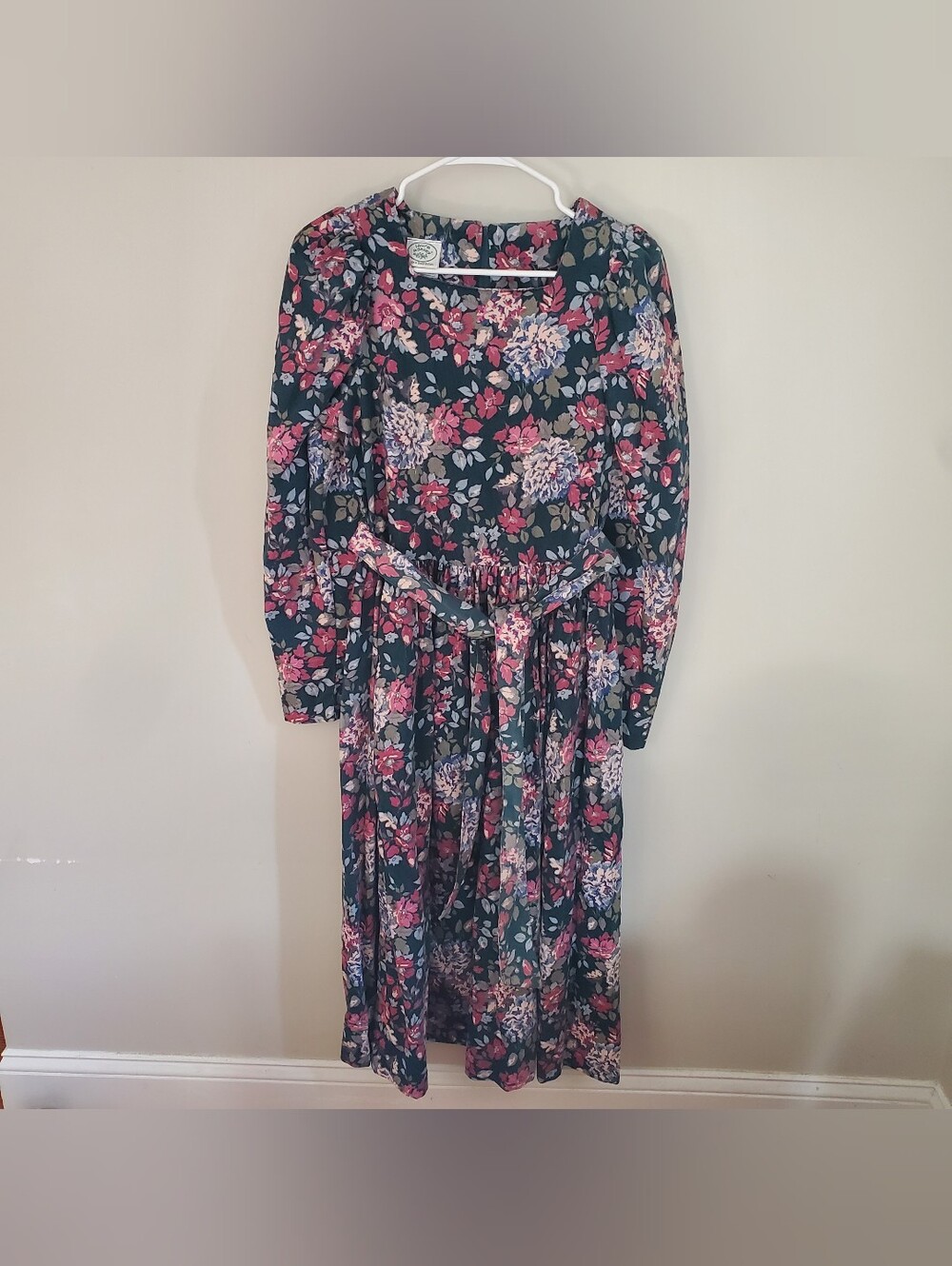 Laura Ashley Teal Curdoroy Floral Cottage Preppy Midi Dress Puff Sleeve Zip 8
